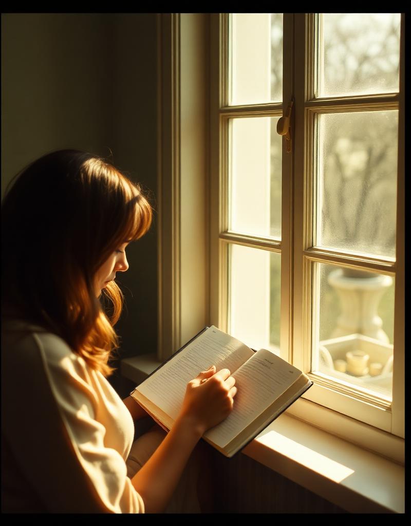 A person writing in a journal by a sunlit window